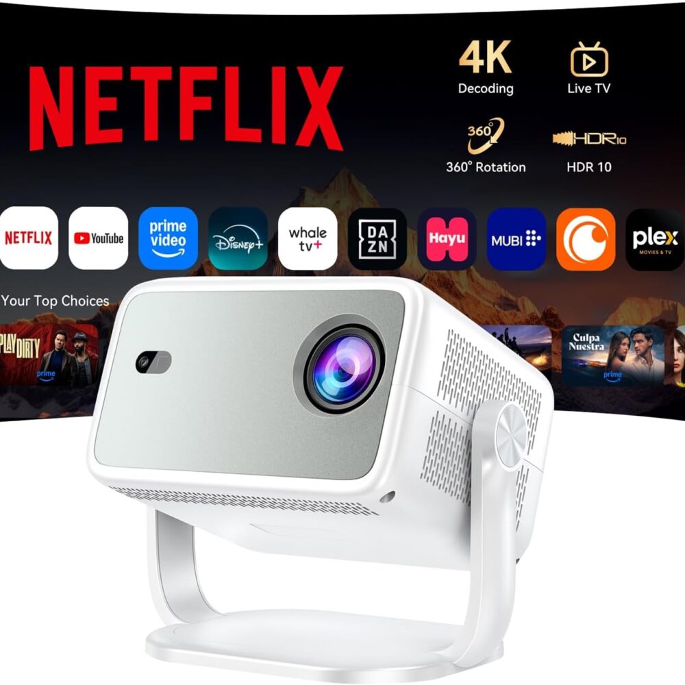 Outdoor Projector with Netflix Built-in, 4K Support Smart Projector 3500 Brightness with WiFi and Bluetooth, Auto Focus & Keystone, 360°Rotatable Stand Portable Movie Projectors for Home Theater