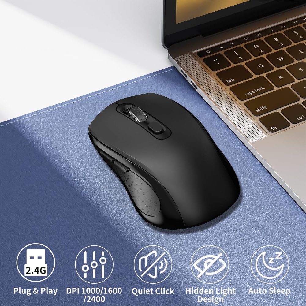 Wireless Mouse Ergonomic, Silent Computer Mouse with Side Buttons - Black